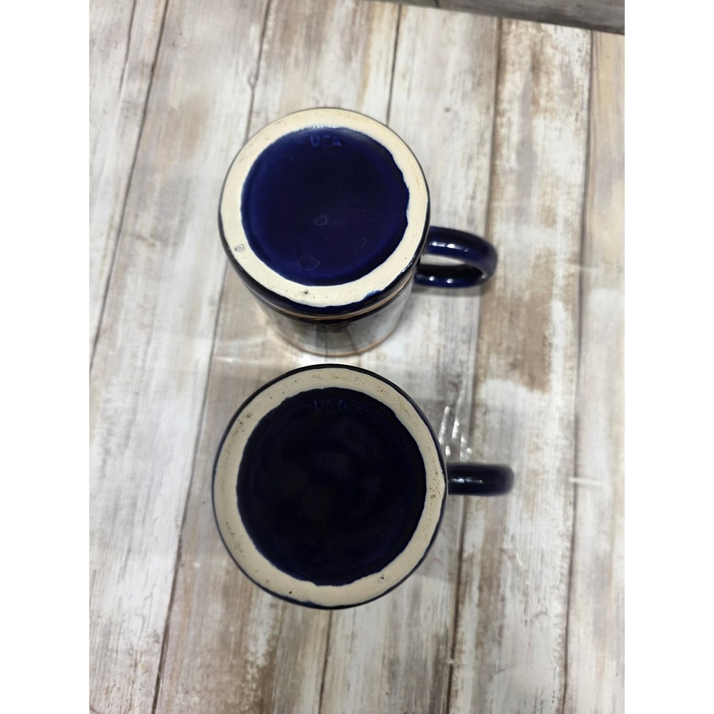 Set of 2 Navy Blue Ceramic Mugs with Gold Bass Fish Design and Gold Trim USA - Picture 6 of 9